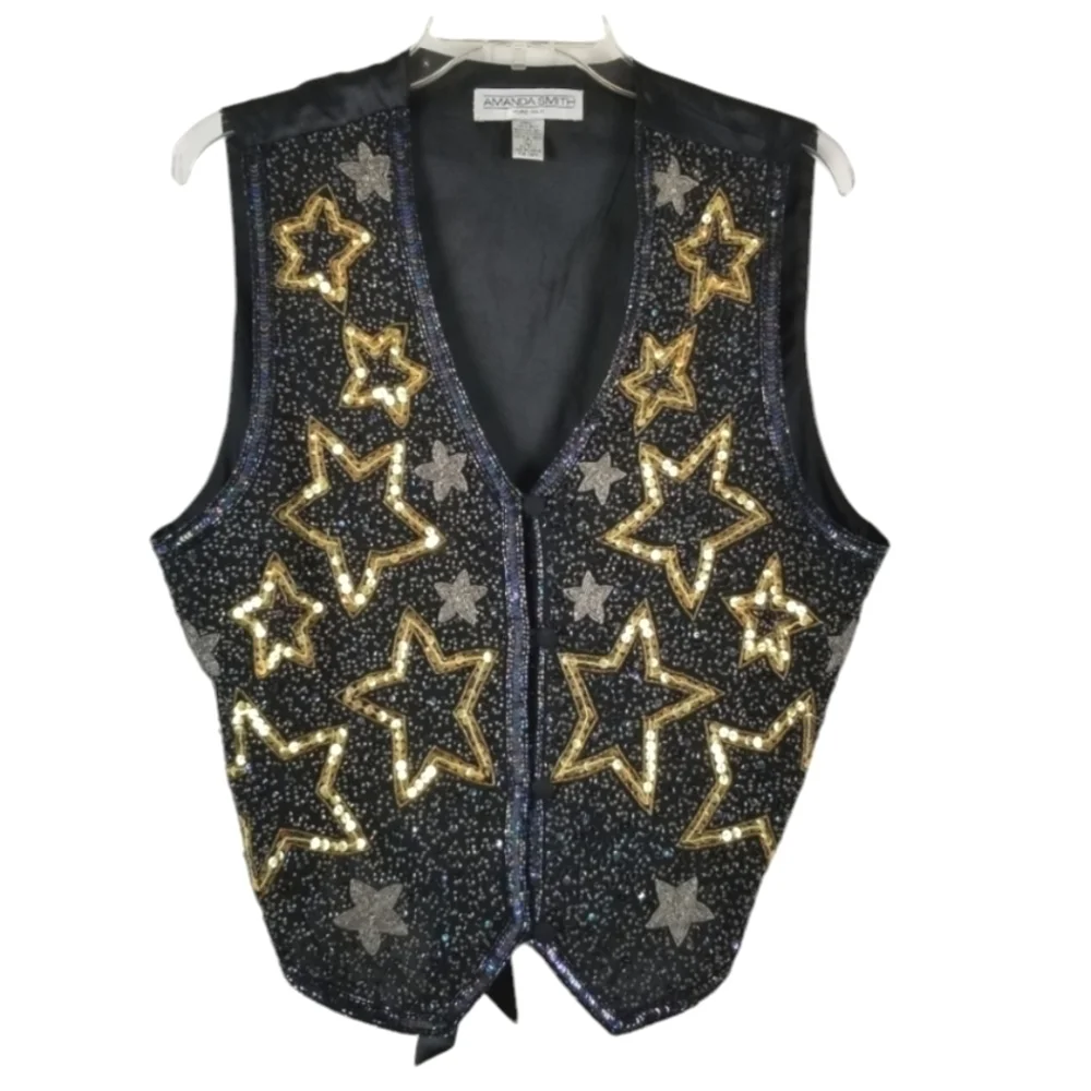 Amanda Smith Pure Silk Sequin Beaded Vest Size Large Stars Metallic Event Party
